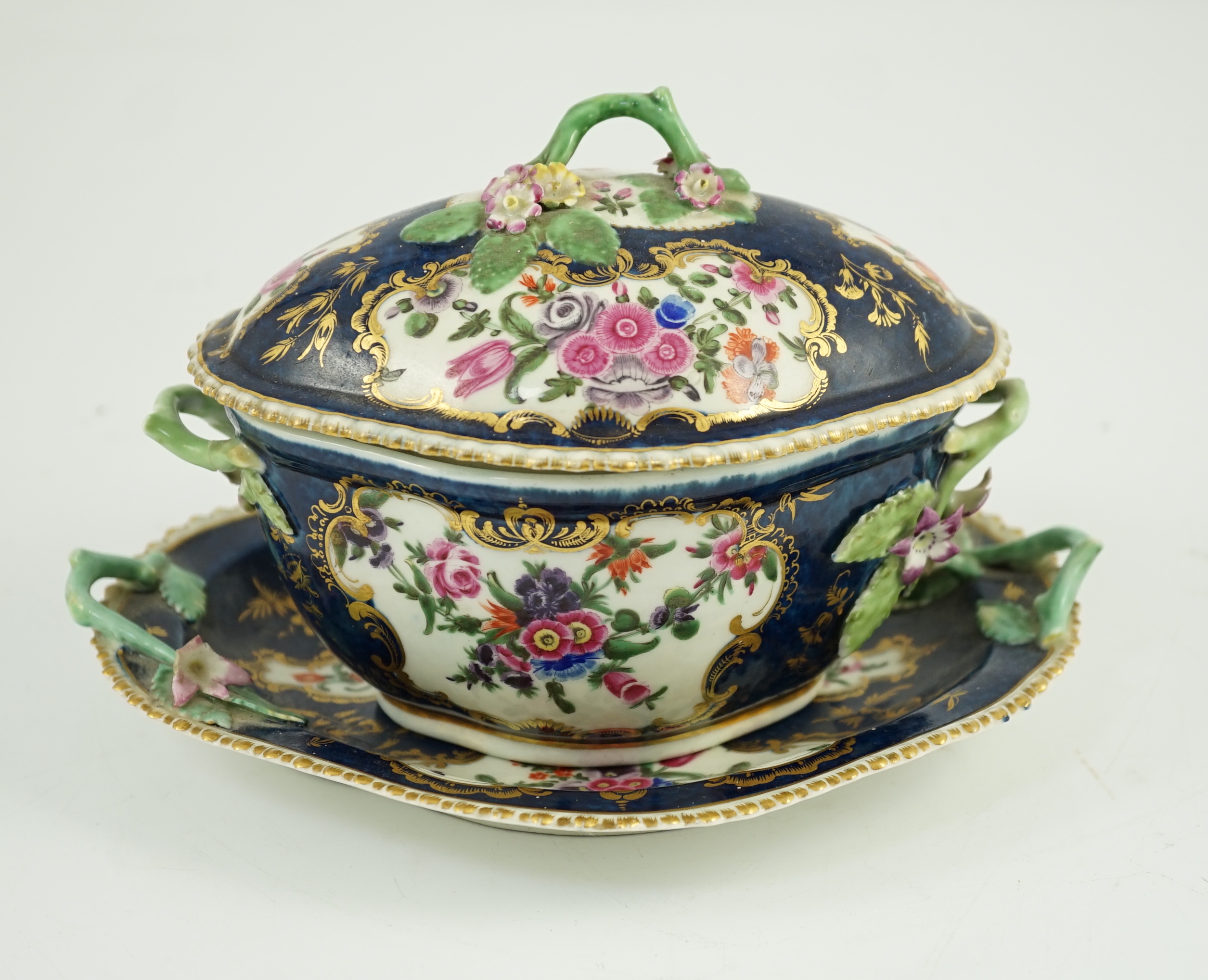 A Worcester scale blue small tureen, cover and stand c.1775